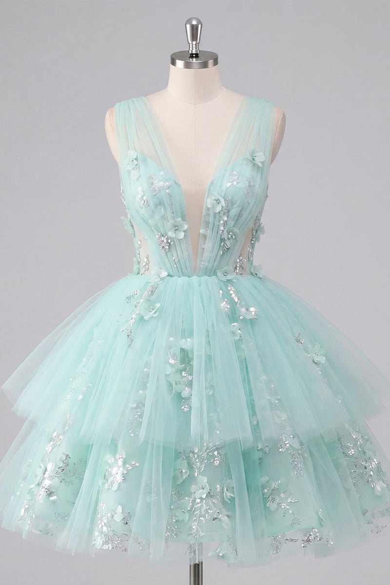 Load image into Gallery viewer, V-Neck Floral Sparkly Mint A Line Beaded Short Prom Dress with Ruffles