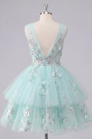 Load image into Gallery viewer, V-Neck Floral Sparkly Mint A Line Beaded Short Prom Dress with Ruffles
