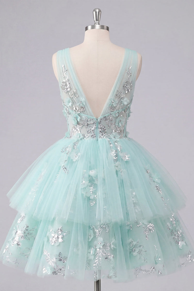 Load image into Gallery viewer, V-Neck Floral Sparkly Mint A Line Beaded Short Prom Dress with Ruffles