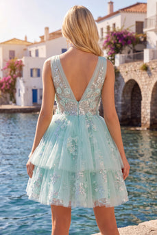 V-Neck Floral Sparkly Mint A Line Beaded Short Prom Dress with Ruffles