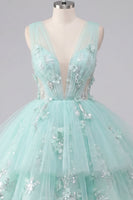 Load image into Gallery viewer, V-Neck Floral Sparkly Mint A Line Beaded Short Prom Dress with Ruffles
