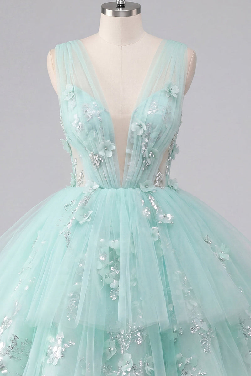 Load image into Gallery viewer, V-Neck Floral Sparkly Mint A Line Beaded Short Prom Dress with Ruffles