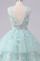 Load image into Gallery viewer, V-Neck Floral Sparkly Mint A Line Beaded Short Prom Dress with Ruffles