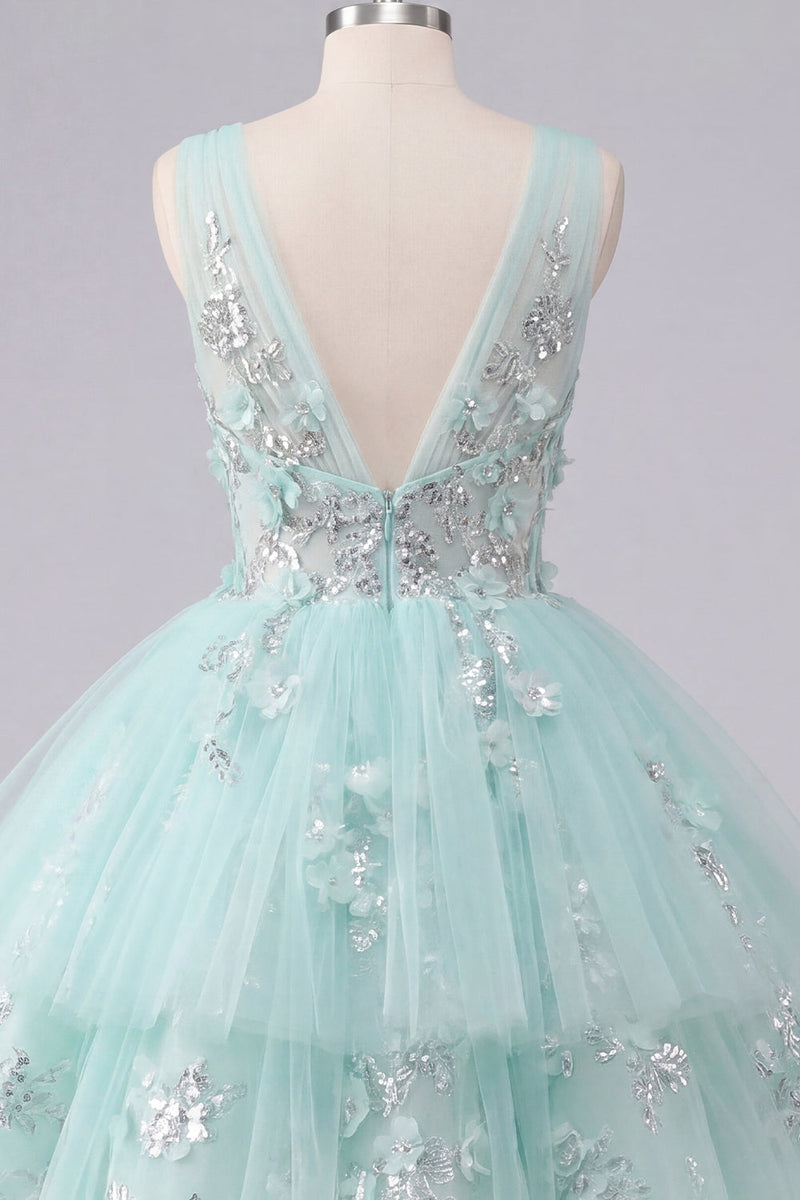 Load image into Gallery viewer, V-Neck Floral Sparkly Mint A Line Beaded Short Prom Dress with Ruffles