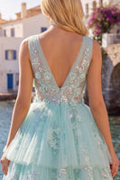 Load image into Gallery viewer, V-Neck Floral Sparkly Mint A Line Beaded Short Prom Dress with Ruffles