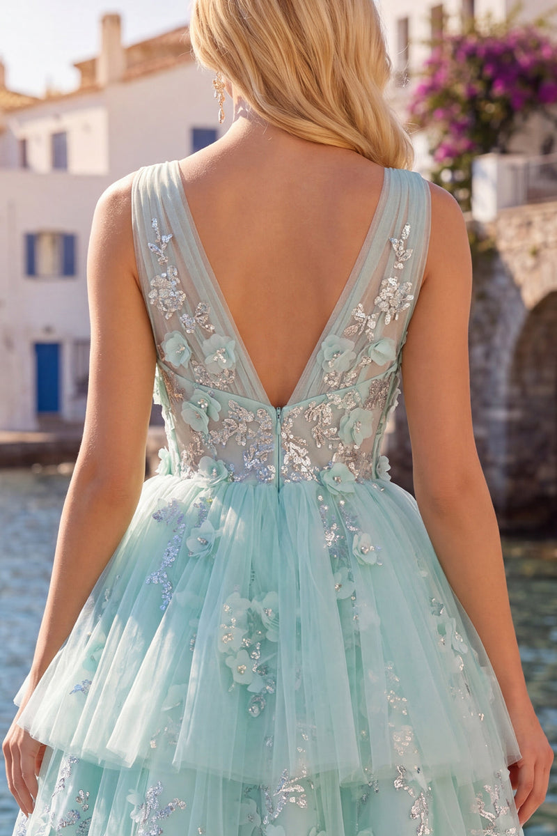 Load image into Gallery viewer, V-Neck Floral Sparkly Mint A Line Beaded Short Prom Dress with Ruffles