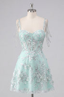 Load image into Gallery viewer, Sparkly Mint Corset Cold Shoulder Short Floral A Line Beaded Prom Dress