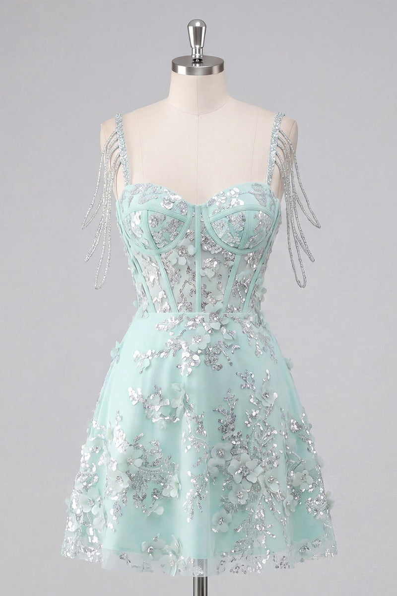 Load image into Gallery viewer, Sparkly Mint Corset Cold Shoulder Short Floral A Line Beaded Prom Dress