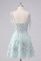 Load image into Gallery viewer, Sparkly Mint Corset Cold Shoulder Short Floral A Line Beaded Prom Dress