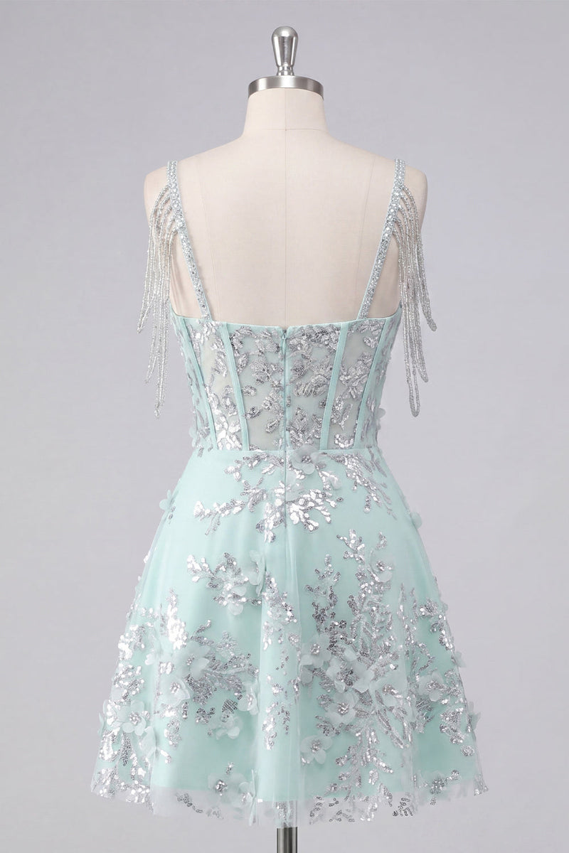 Load image into Gallery viewer, Sparkly Mint Corset Cold Shoulder Short Floral A Line Beaded Prom Dress