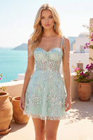 Load image into Gallery viewer, Sparkly Mint Corset Cold Shoulder Short Floral A Line Beaded Prom Dress