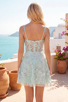 Load image into Gallery viewer, Sparkly Mint Corset Cold Shoulder Short Floral A Line Beaded Prom Dress