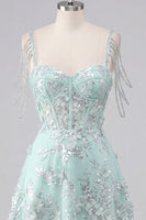 Load image into Gallery viewer, Sparkly Mint Corset Cold Shoulder Short Floral A Line Beaded Prom Dress