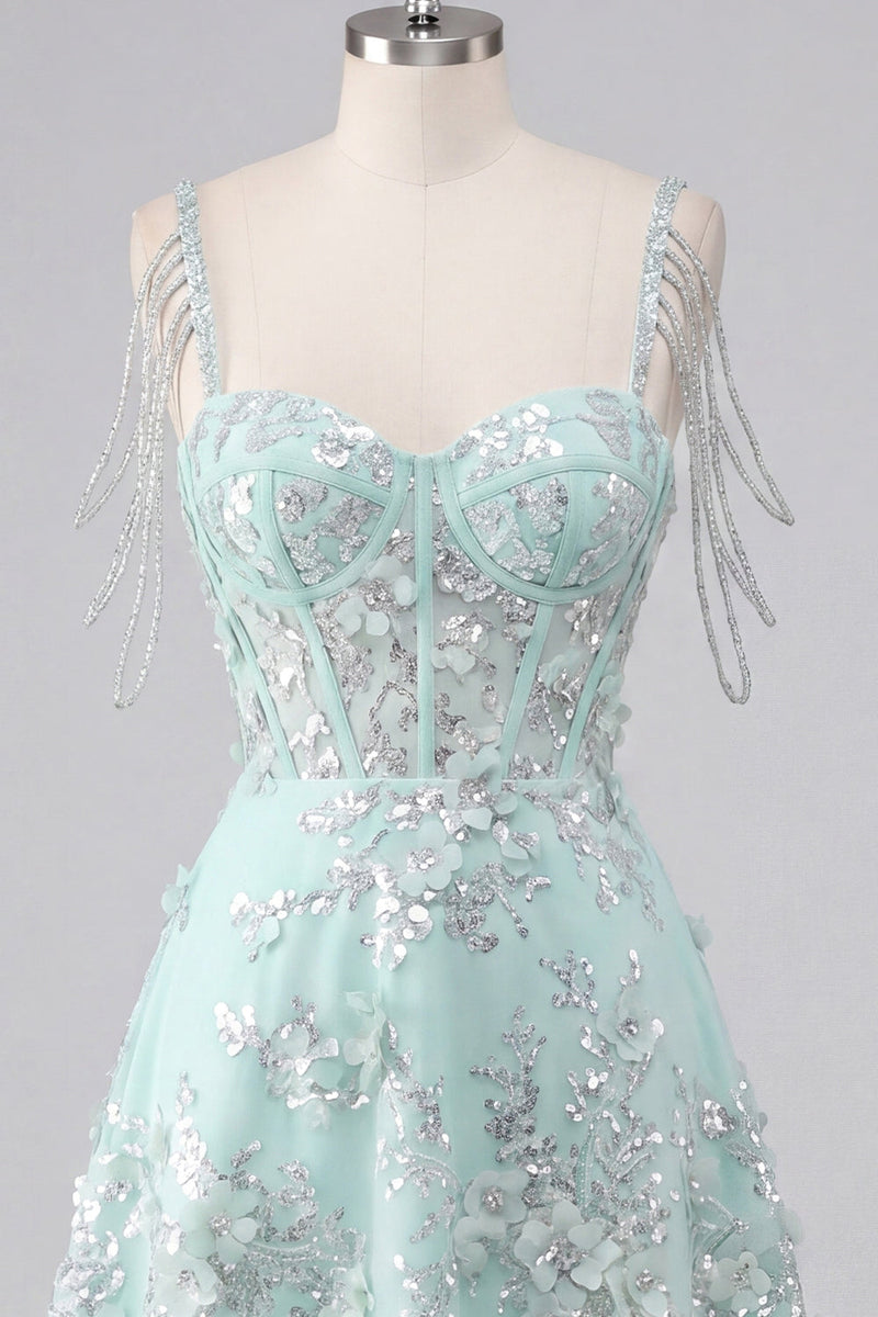 Load image into Gallery viewer, Sparkly Mint Corset Cold Shoulder Short Floral A Line Beaded Prom Dress