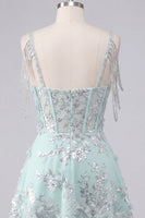 Load image into Gallery viewer, Sparkly Mint Corset Cold Shoulder Short Floral A Line Beaded Prom Dress