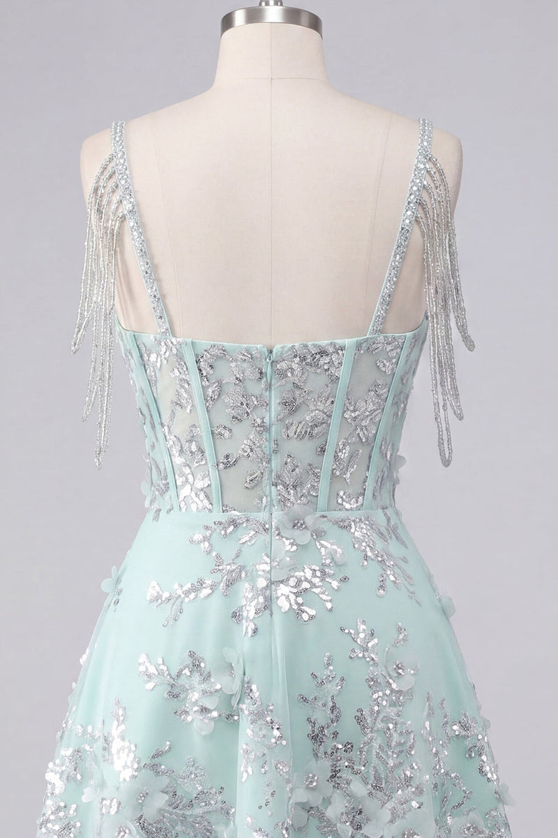 Load image into Gallery viewer, Sparkly Mint Corset Cold Shoulder Short Floral A Line Beaded Prom Dress