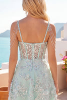 Load image into Gallery viewer, Sparkly Mint Corset Cold Shoulder Short Floral A Line Beaded Prom Dress