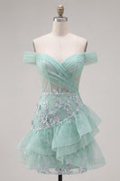 Load image into Gallery viewer, Short A Line Ruched Sparkly Floral Mint Corset Prom Dress with Ruffles