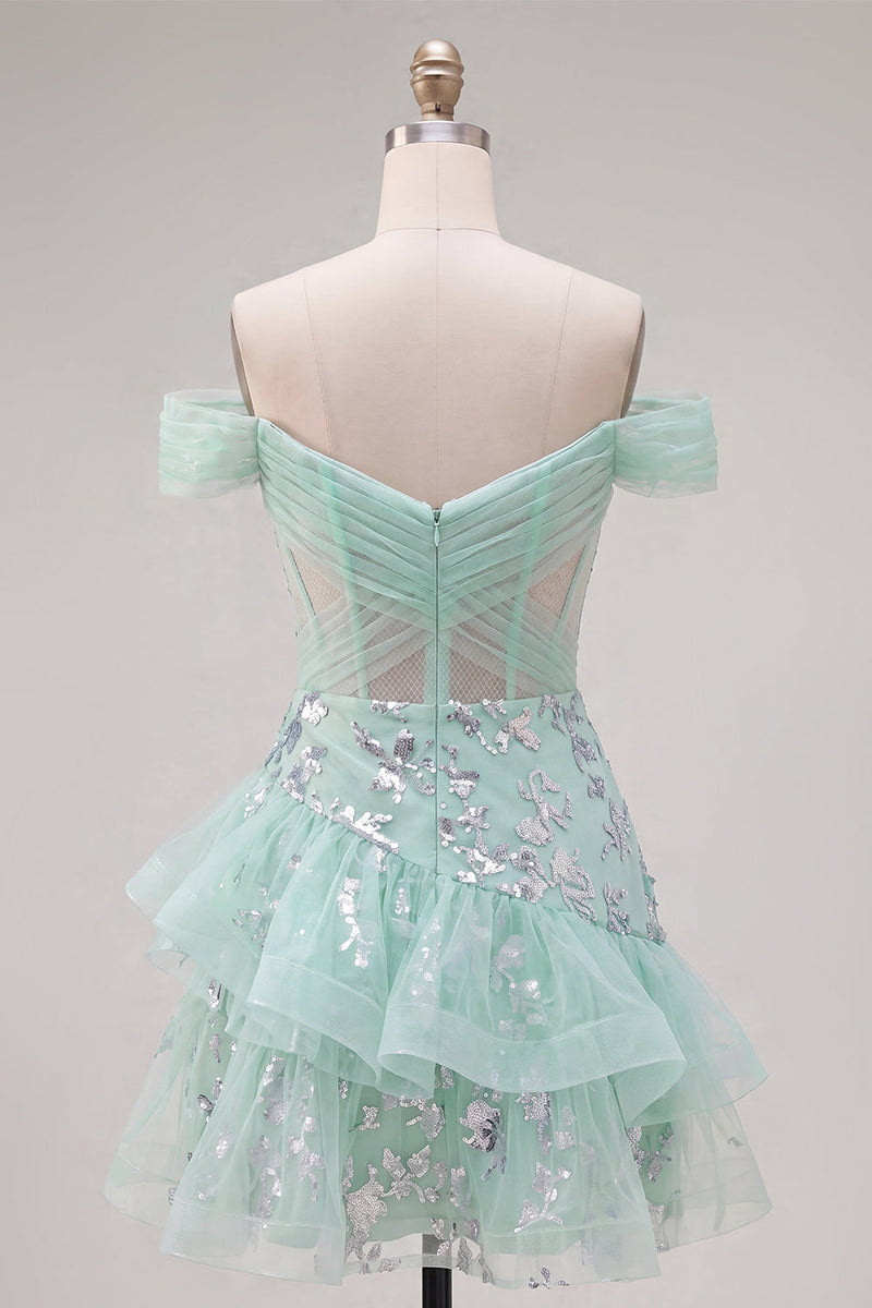 Load image into Gallery viewer, Short A Line Ruched Sparkly Floral Mint Corset Prom Dress with Ruffles