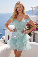 Load image into Gallery viewer, Short A Line Ruched Sparkly Floral Mint Corset Prom Dress with Ruffles