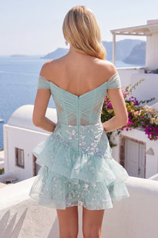 Short A Line Ruched Sparkly Floral Mint Corset Prom Dress with Ruffles