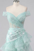 Load image into Gallery viewer, Short A Line Ruched Sparkly Floral Mint Corset Prom Dress with Ruffles