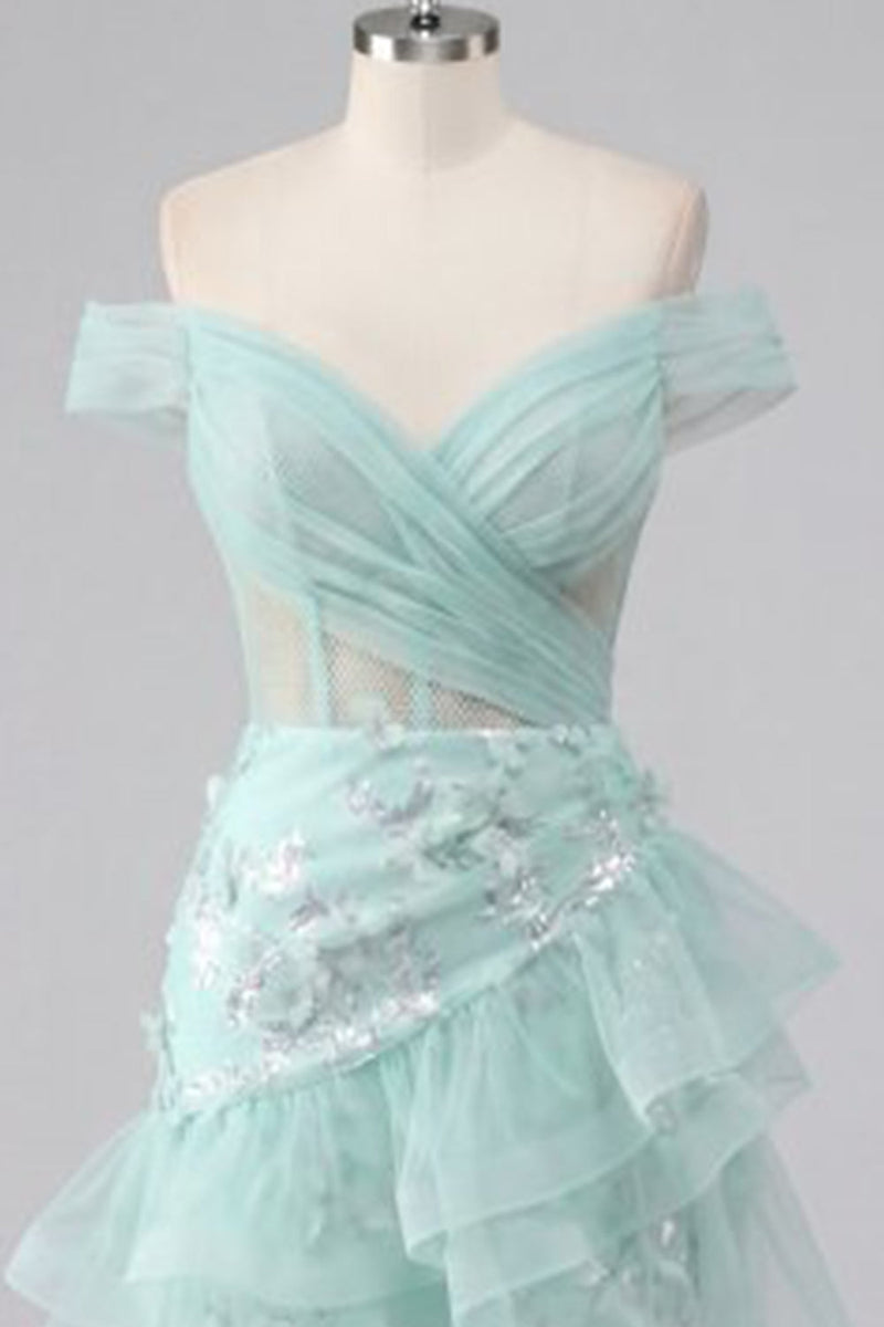 Load image into Gallery viewer, Short A Line Ruched Sparkly Floral Mint Corset Prom Dress with Ruffles