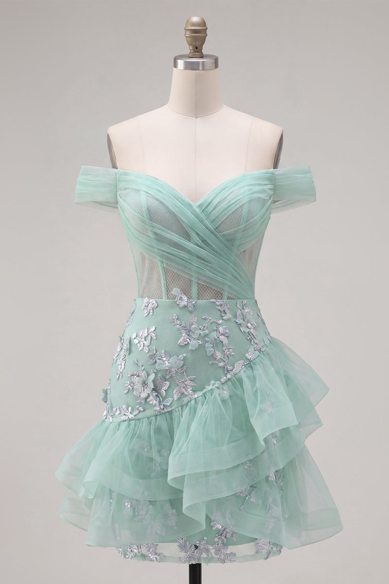 Load image into Gallery viewer, Short A Line Ruched Sparkly Floral Mint Corset Prom Dress with Ruffles