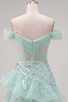 Load image into Gallery viewer, Short A Line Ruched Sparkly Floral Mint Corset Prom Dress with Ruffles