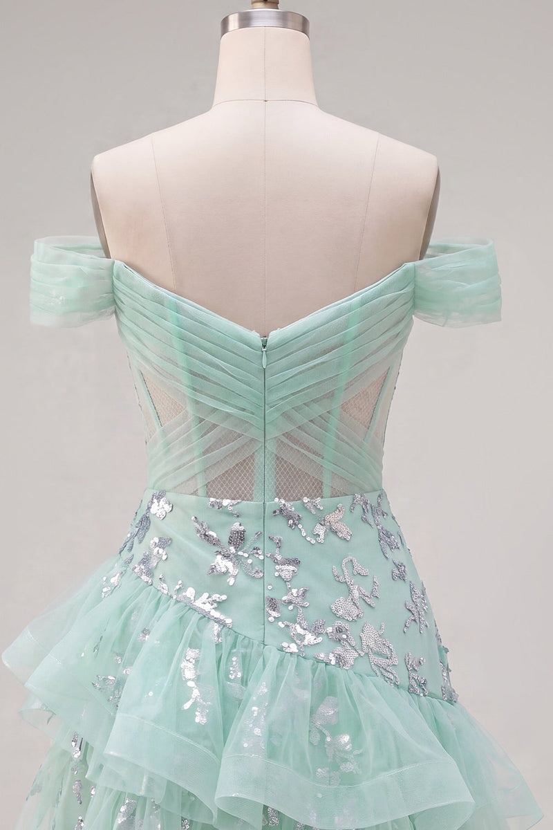 Load image into Gallery viewer, Short A Line Ruched Sparkly Floral Mint Corset Prom Dress with Ruffles