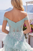 Load image into Gallery viewer, Short A Line Ruched Sparkly Floral Mint Corset Prom Dress with Ruffles