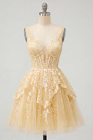 Load image into Gallery viewer, Lace V-Neck Ruffled Corset A Line Butter Yellow Short Prom Dress