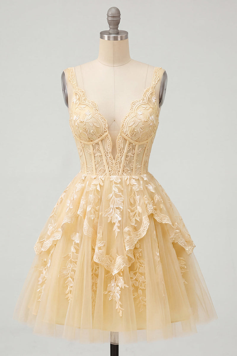 Load image into Gallery viewer, Lace V-Neck Ruffled Corset A Line Butter Yellow Short Prom Dress