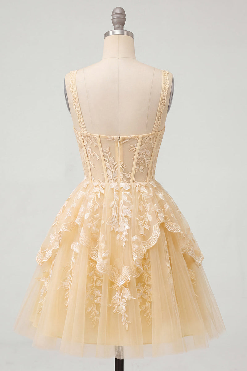 Load image into Gallery viewer, Lace V-Neck Ruffled Corset A Line Butter Yellow Short Prom Dress