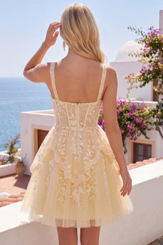 Lace V-Neck Ruffled Corset A Line Butter Yellow Short Prom Dress