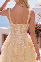 Load image into Gallery viewer, Lace V-Neck Ruffled Corset A Line Butter Yellow Short Prom Dress