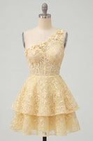 Load image into Gallery viewer, Lace Floral Ruffled One Shoulder A Line Butter Yellow Short Corset Prom Dress