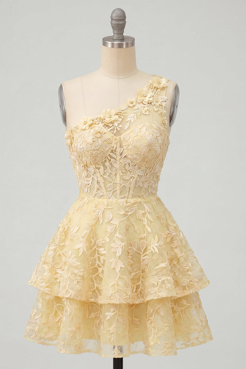 Load image into Gallery viewer, Lace Floral Ruffled One Shoulder A Line Butter Yellow Short Corset Prom Dress
