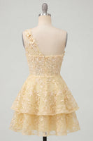 Load image into Gallery viewer, Lace Floral Ruffled One Shoulder A Line Butter Yellow Short Corset Prom Dress
