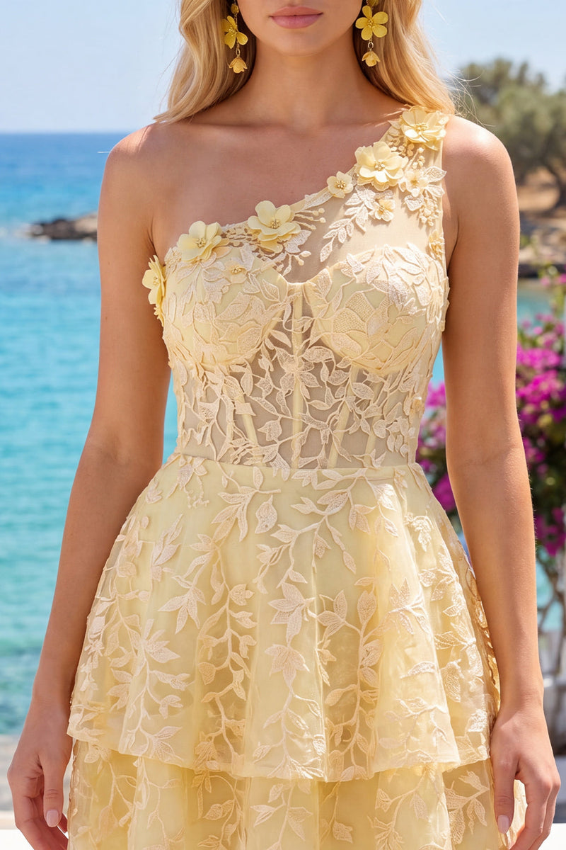 Load image into Gallery viewer, Lace Floral Ruffled One Shoulder A Line Butter Yellow Short Corset Prom Dress