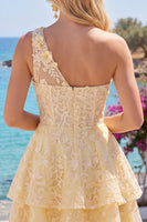 Load image into Gallery viewer, Lace Floral Ruffled One Shoulder A Line Butter Yellow Short Corset Prom Dress