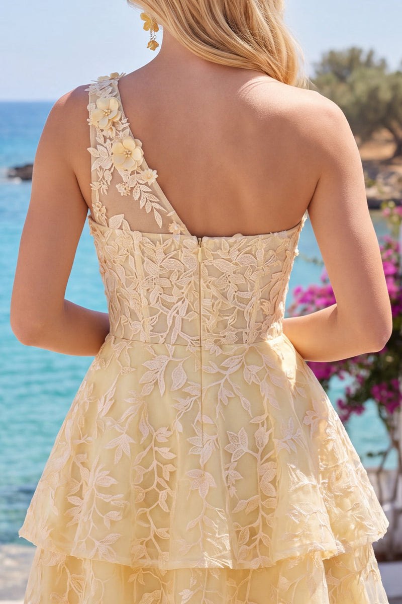 Load image into Gallery viewer, Lace Floral Ruffled One Shoulder A Line Butter Yellow Short Corset Prom Dress