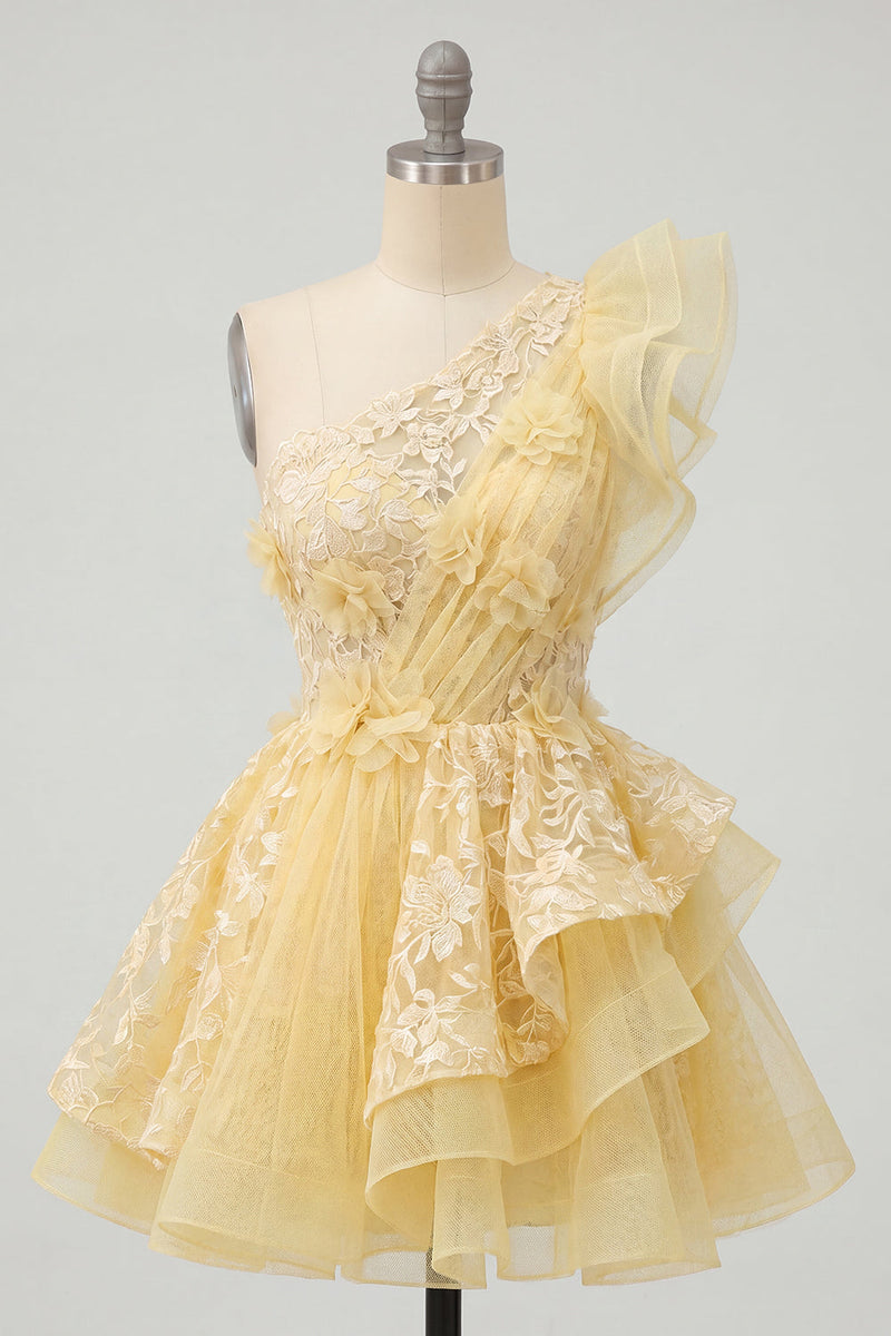 Load image into Gallery viewer, Ruffled Lace Floral One Shoulder A Line Butter Yellow Short Prom Dress