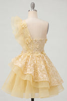 Load image into Gallery viewer, Ruffled Lace Floral One Shoulder A Line Butter Yellow Short Prom Dress
