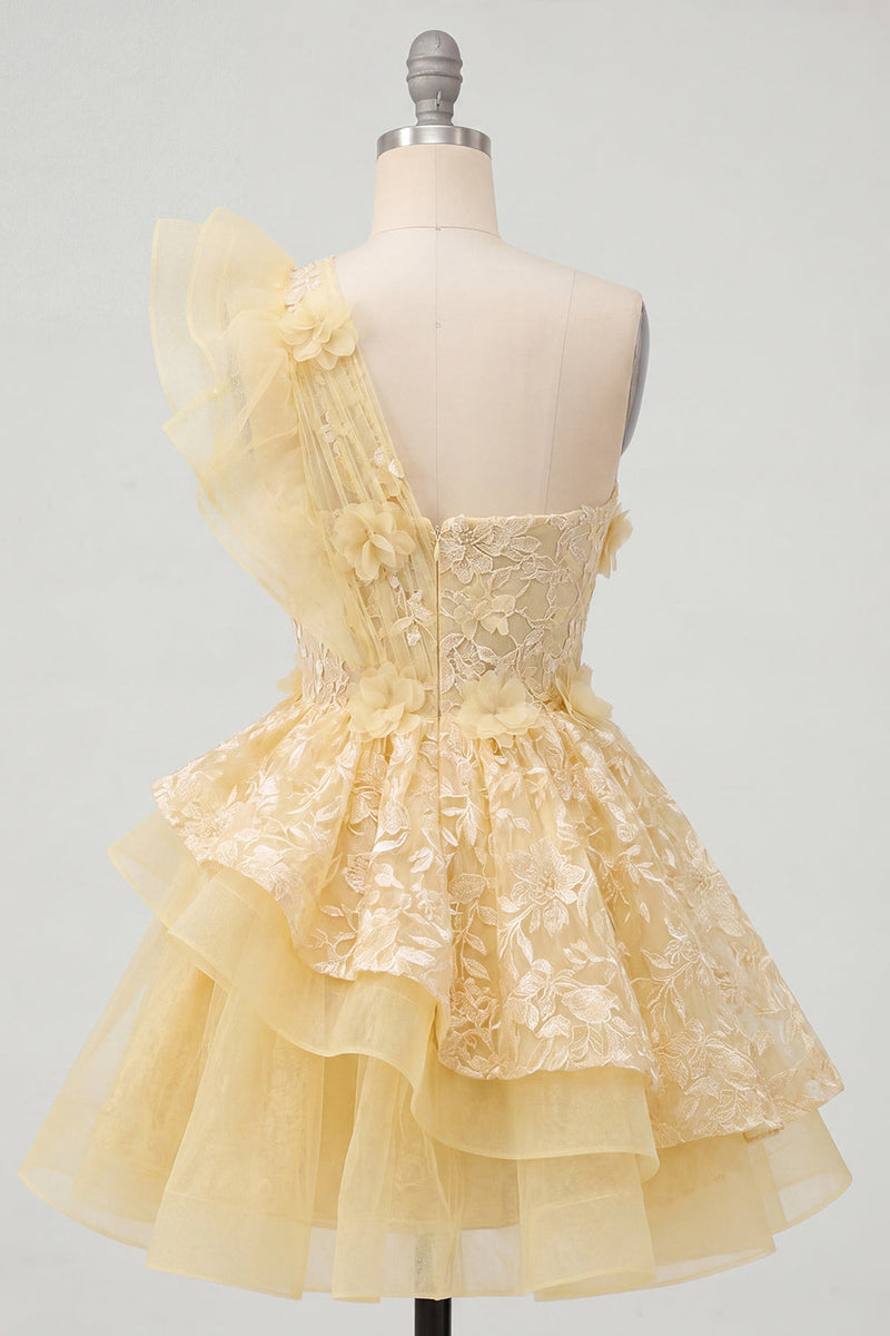 Load image into Gallery viewer, Ruffled Lace Floral One Shoulder A Line Butter Yellow Short Prom Dress