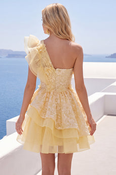 Ruffled Lace Floral One Shoulder A Line Butter Yellow Short Prom Dress