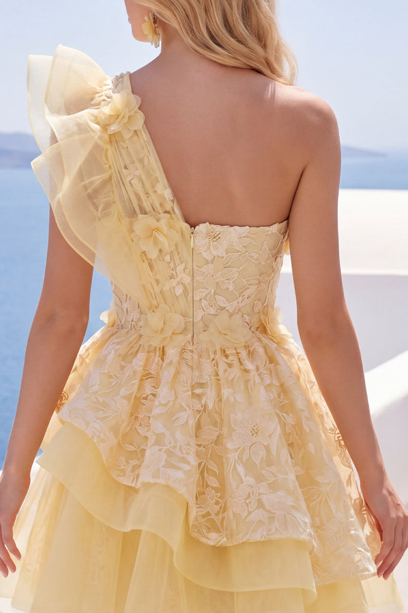 Load image into Gallery viewer, Ruffled Lace Floral One Shoulder A Line Butter Yellow Short Prom Dress