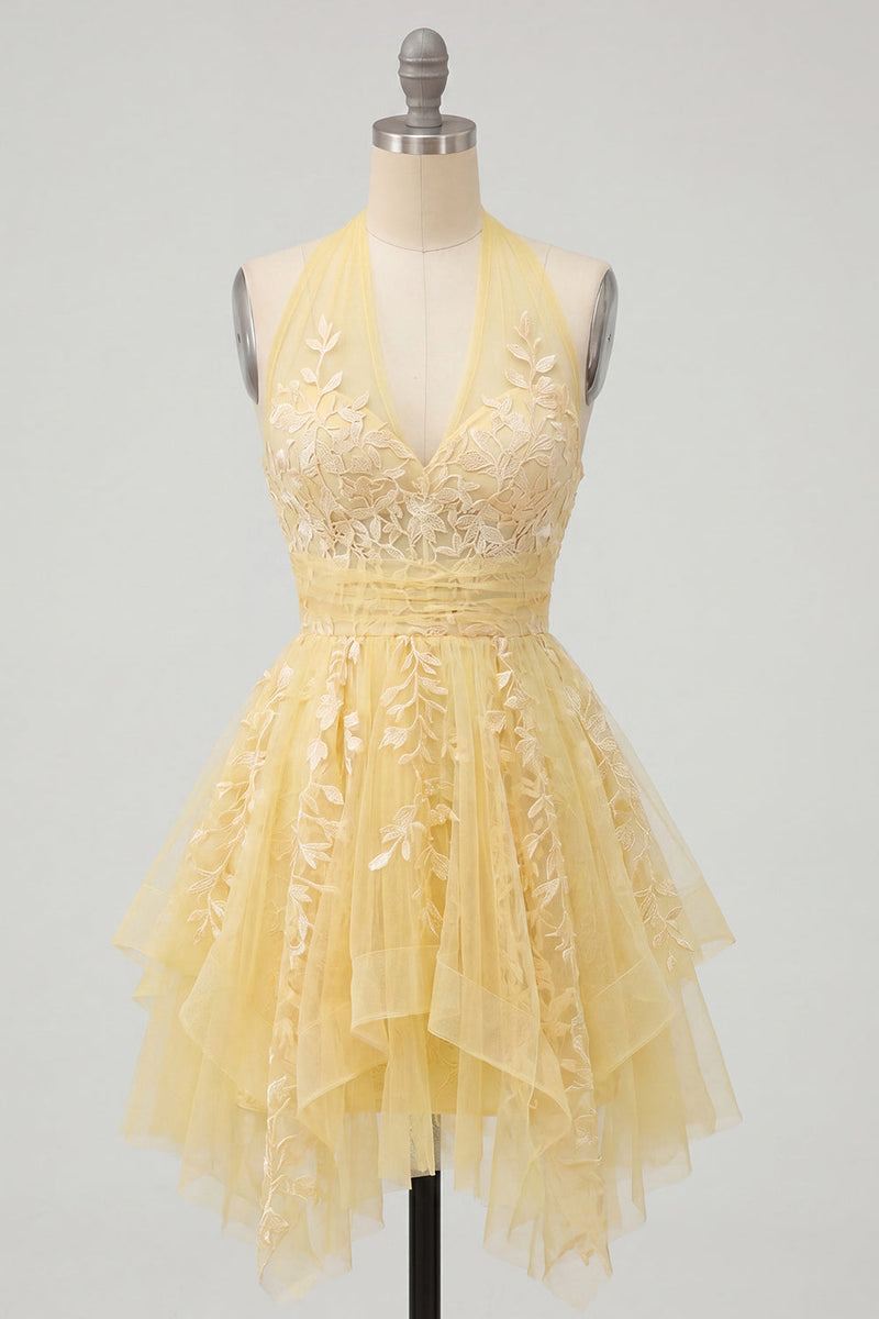 Load image into Gallery viewer, Floral Lace Halter A Line Butter Yellow Ruffled Short Prom Dress