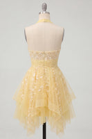 Load image into Gallery viewer, Floral Lace Halter A Line Butter Yellow Ruffled Short Prom Dress