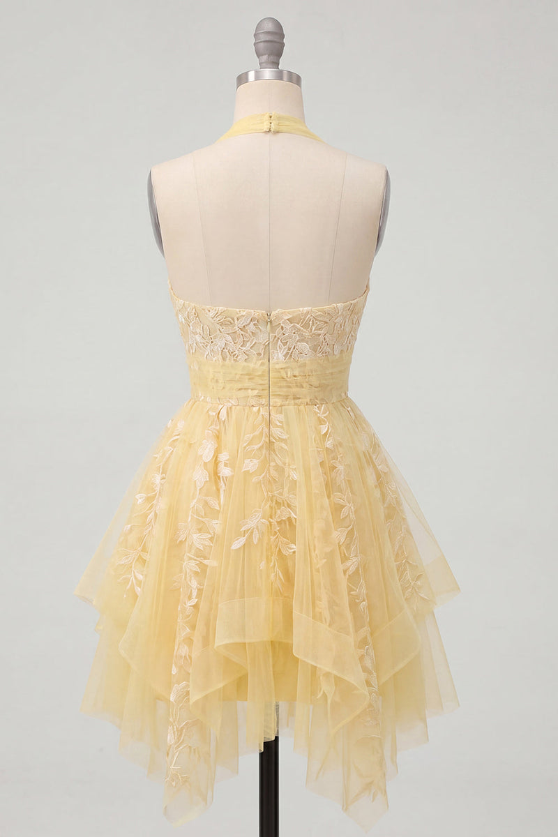 Load image into Gallery viewer, Floral Lace Halter A Line Butter Yellow Ruffled Short Prom Dress